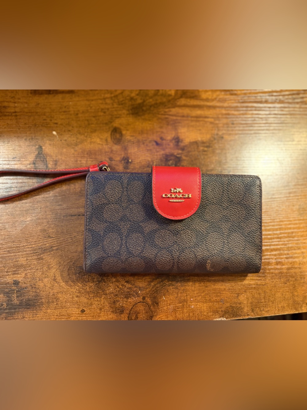 Coach Signature Canvas Wristlet Phone Case with Red Accent